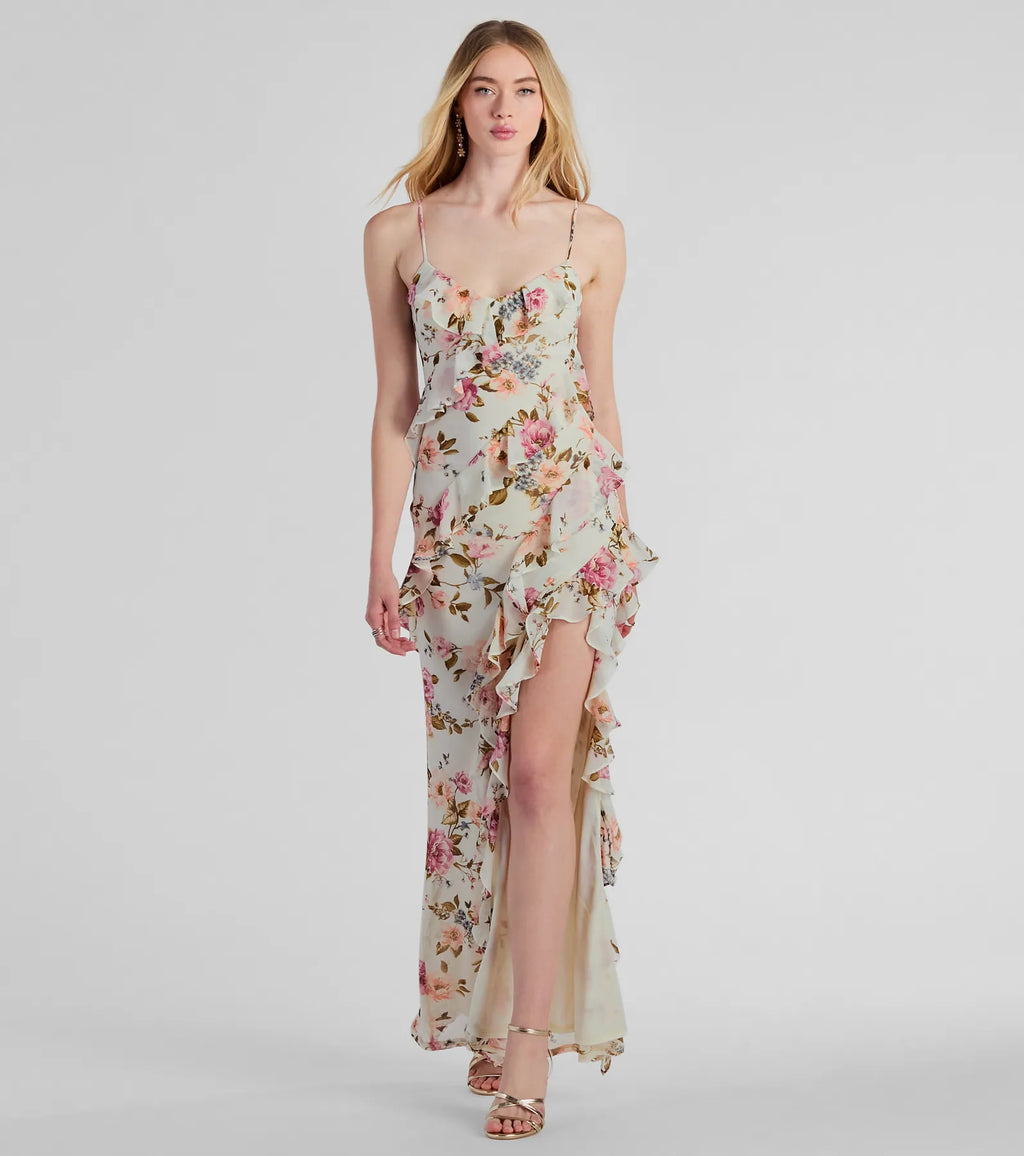 Helga V-Neck Ruffled Mermaid Floral Formal Dress Sage Ivory