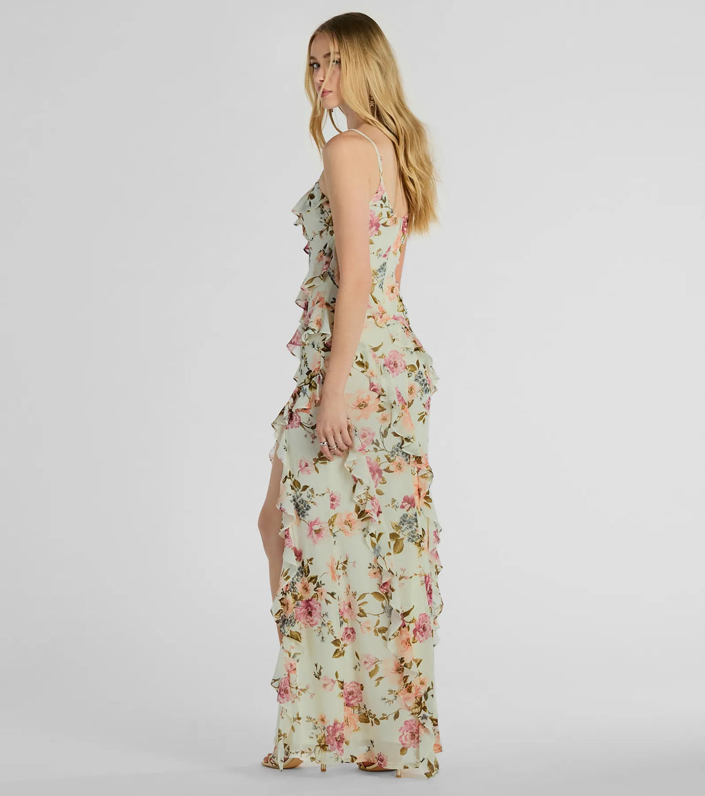 Helga V-Neck Ruffled Mermaid Floral Formal Dress Sage Ivory