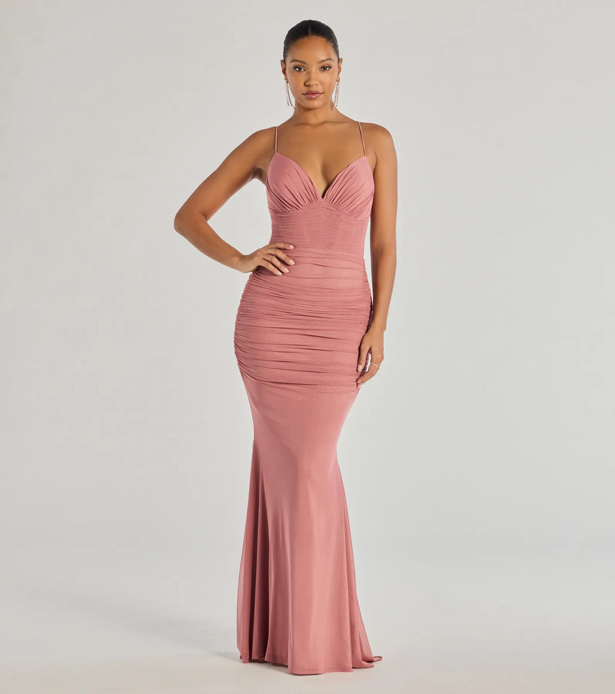 Lexi Formal Mesh Lace-Up Mermaid Long Dress in Mauve