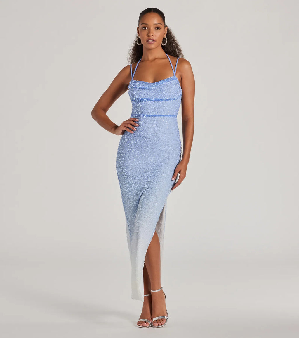Nia Beaded Ombre Mesh High-Slit Formal Dress Light Blue