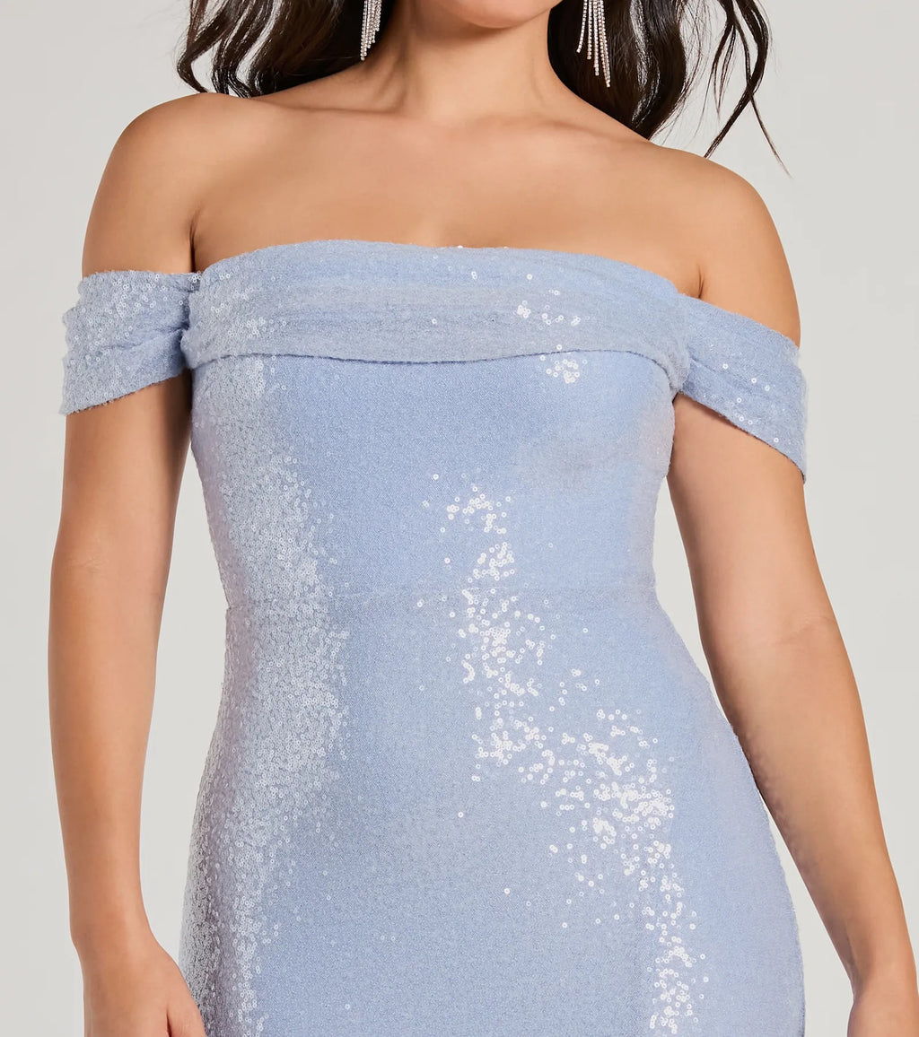 Kat Off-The-Shoulder Sequin Mermaid Formal Dress Lavender Light Blue