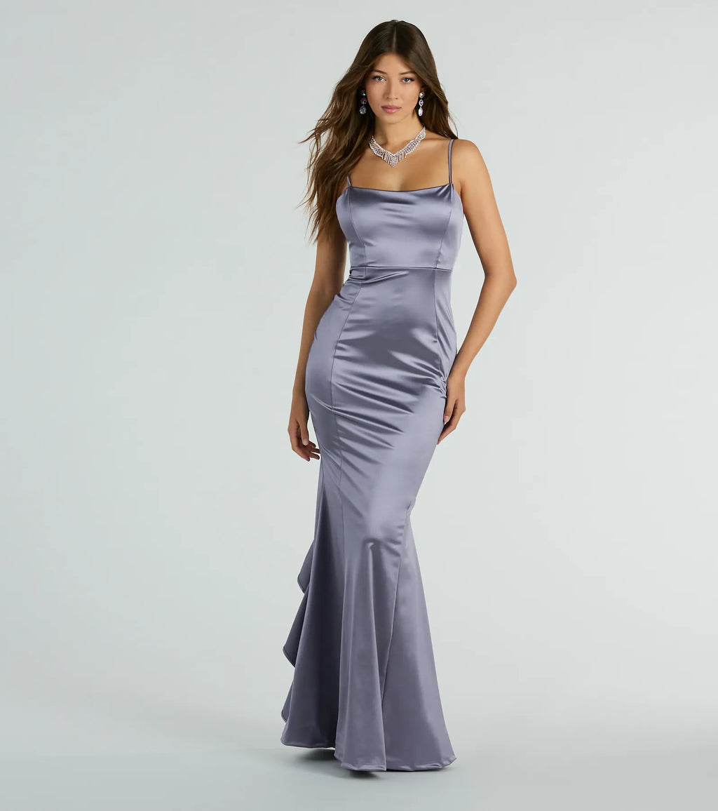 Sheryl Ruffle Back Satin Mermaid Formal Dress Slate