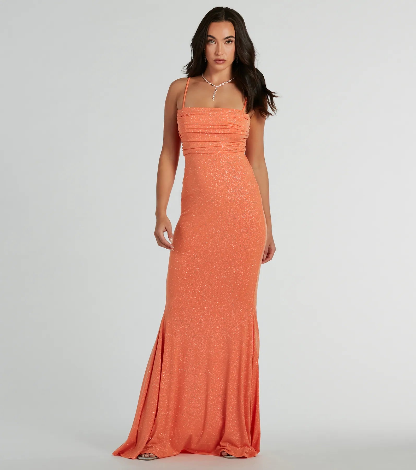 Sophisticated Knit Lace-Up Stretchy Glittering Floor Length Cowl Neck Spaghetti Strap Mermaid Party Dress