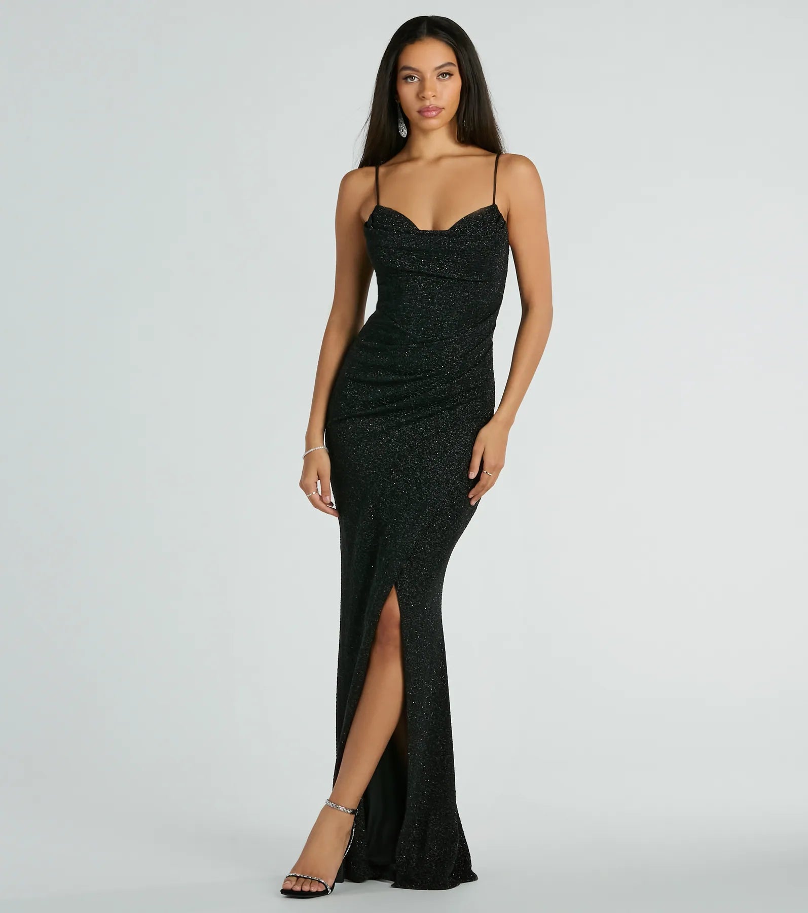 Sophisticated Floor Length Cowl Neck Mermaid Spaghetti Strap Slit Glittering Wrap Prom Dress