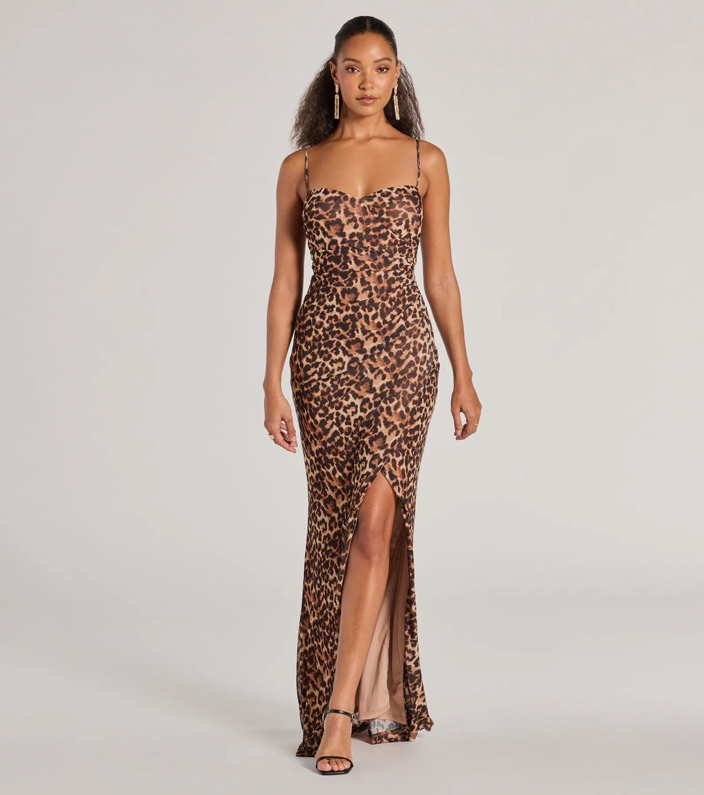 Velma Leopard Wrap Slit Mermaid Formal Dress Brown
