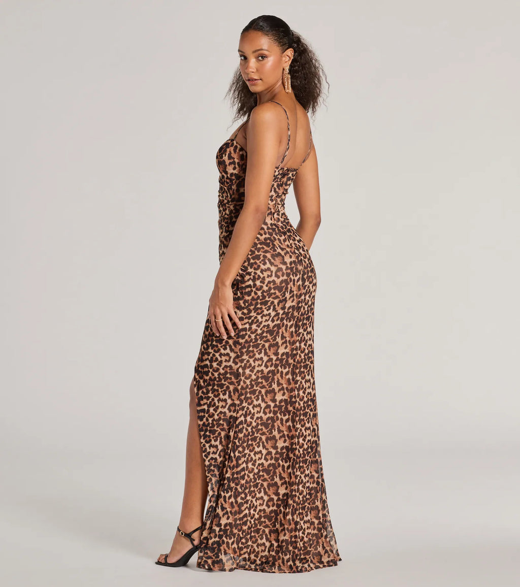 Velma Leopard Wrap Slit Mermaid Formal Dress Brown