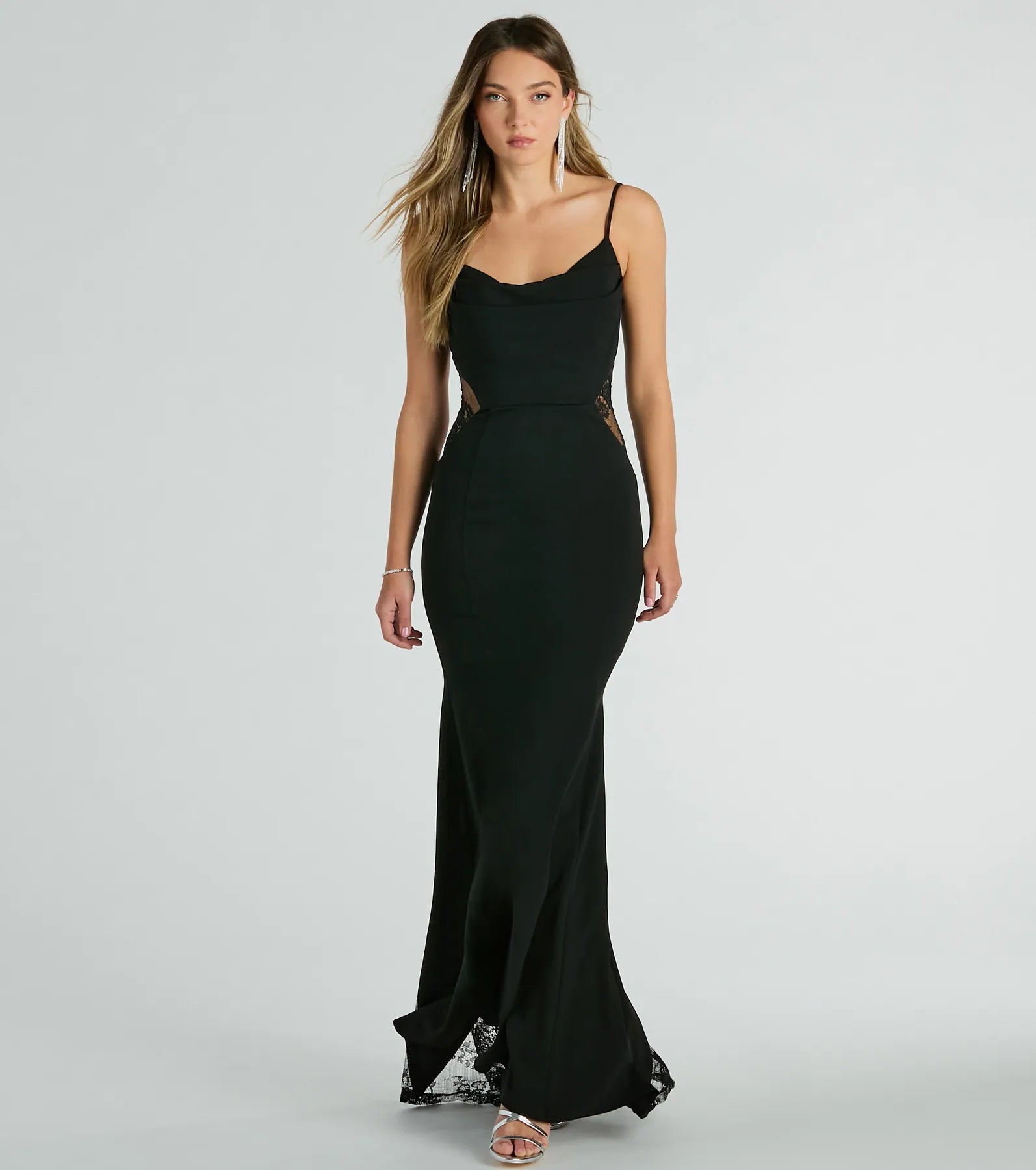 Floor Length Mermaid Back Zipper Stretchy Spaghetti Strap Cowl Neck Dress