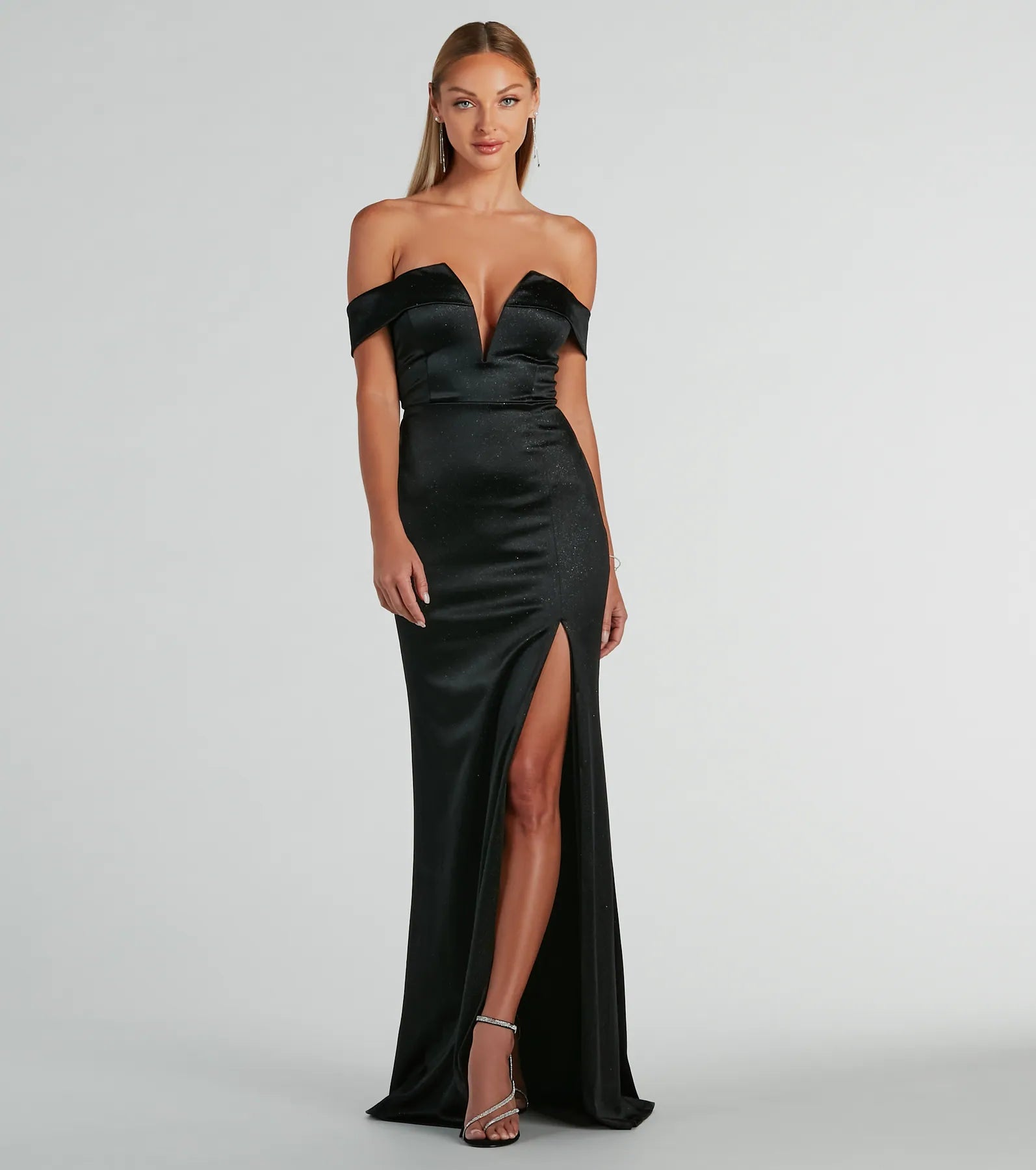 Sexy Plunging Neck Mermaid Short Sleeves Sleeves Off the Shoulder Back Zipper Stretchy Glittering Slit Floor Length Party Dress