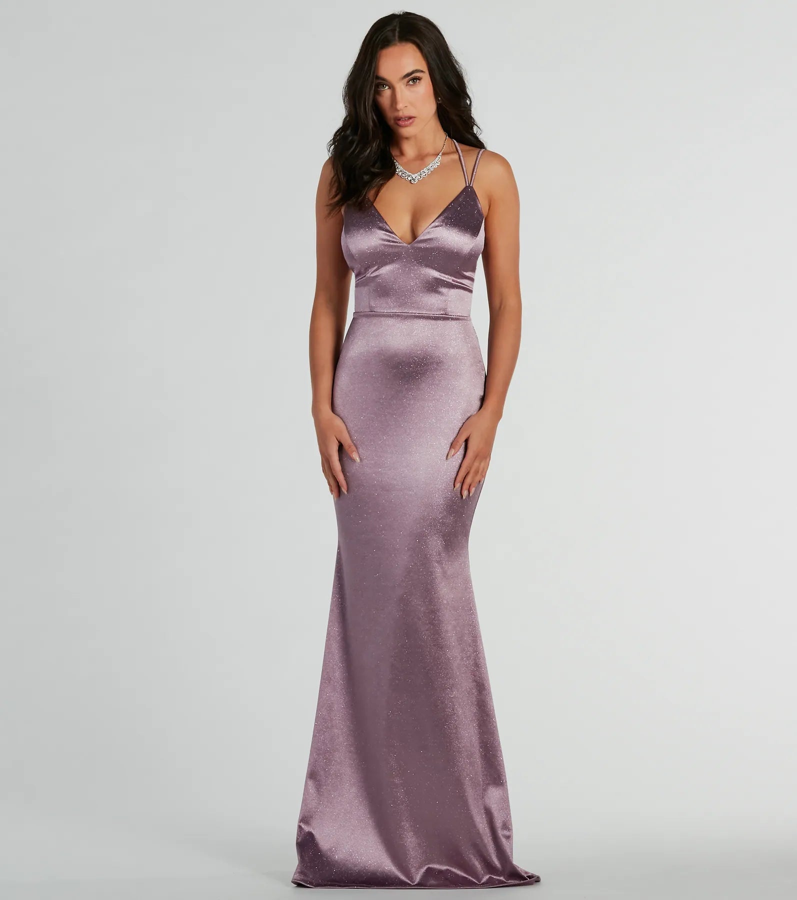 Sophisticated V-neck Glittering Lace-Up Back Zipper Floor Length Sleeveless Spaghetti Strap Satin Bridesmaid Dress/Party Dress
