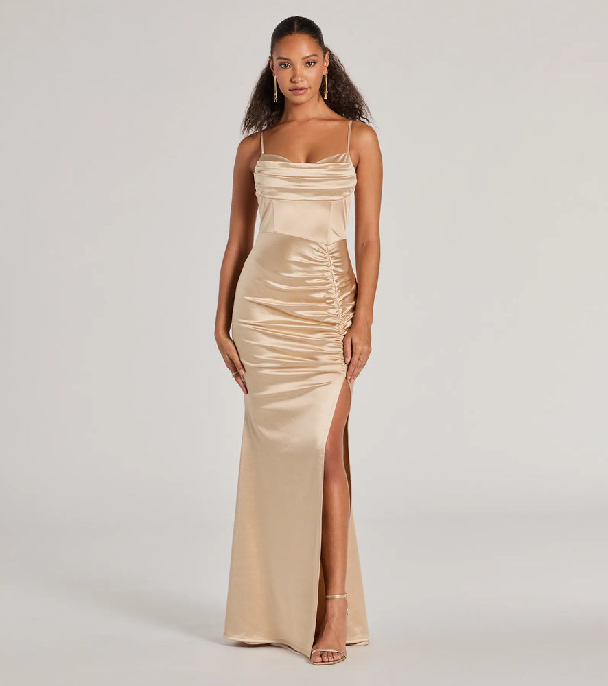 Jazmine Cowl Neck Slit A-Line Satin Formal Dress in Taupe