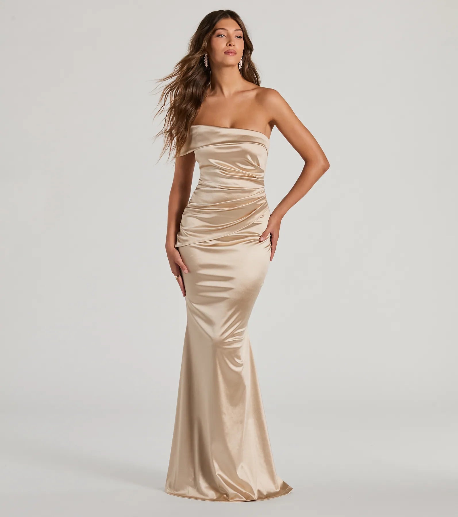 Strapless Mermaid Short Sleeves Sleeves Off the Shoulder One Shoulder Asymmetric Wrap Pleated Floor Length Dress