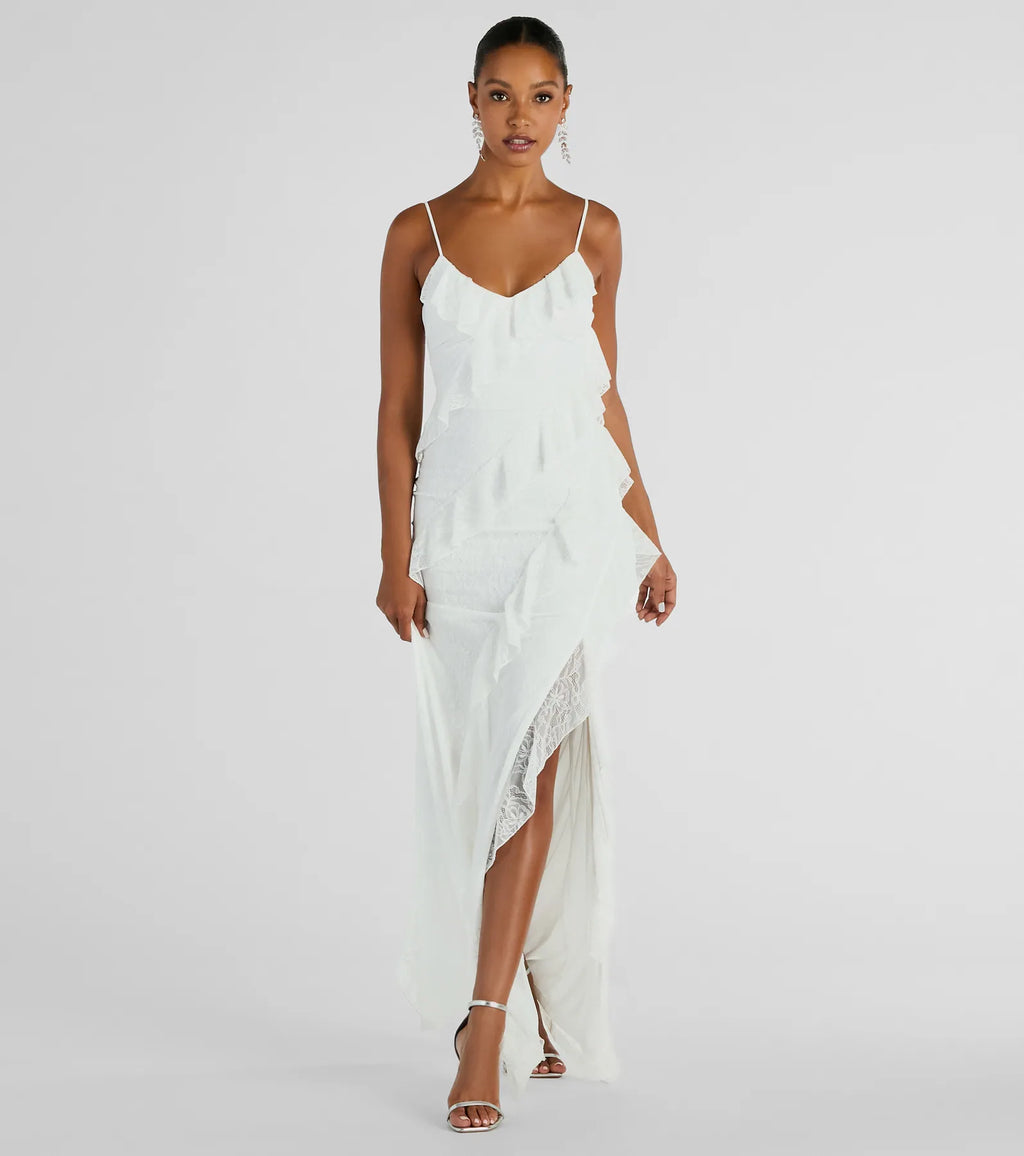 Aimee V-Neck Ruffle Lace Slim Formal Dress White