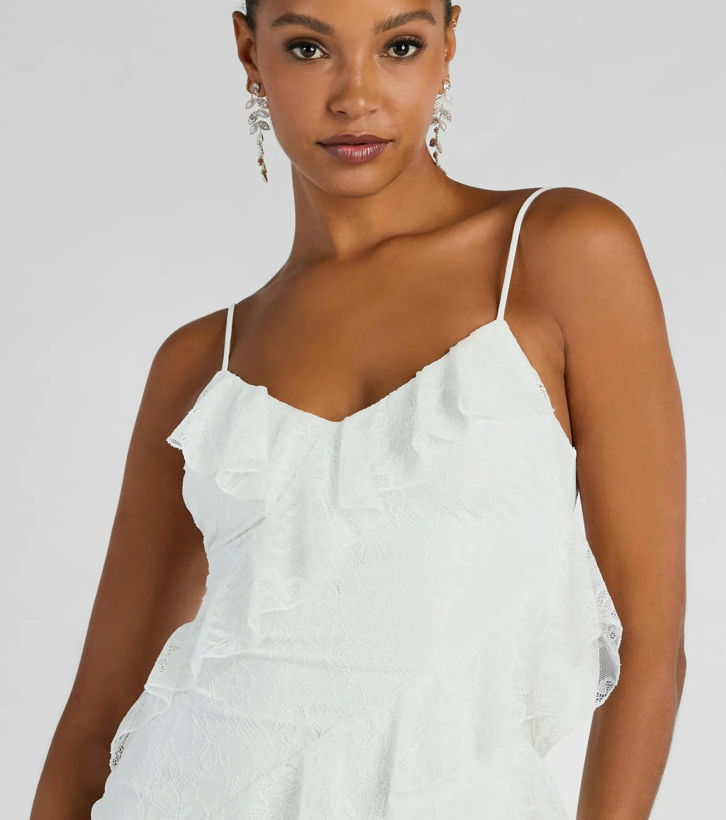 Aimee V-Neck Ruffle Lace Slim Formal Dress White