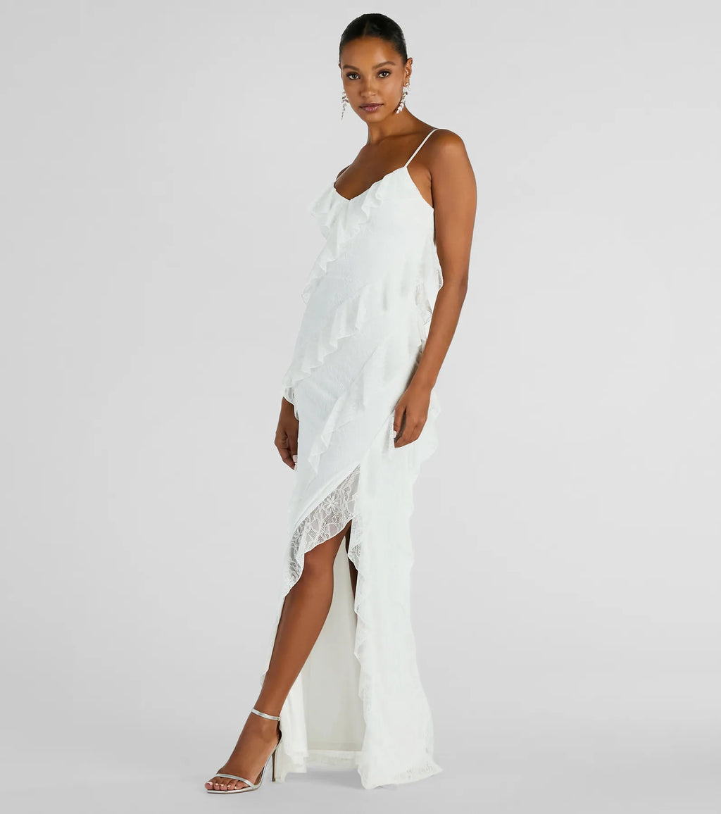 Aimee V-Neck Ruffle Lace Slim Formal Dress White