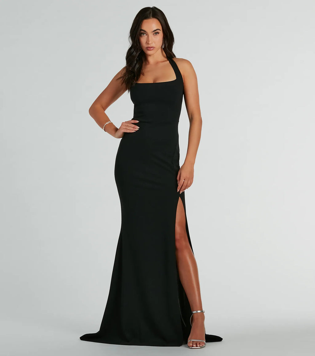 Lydia Mermaid Slit Crepe Formal Dress Black
