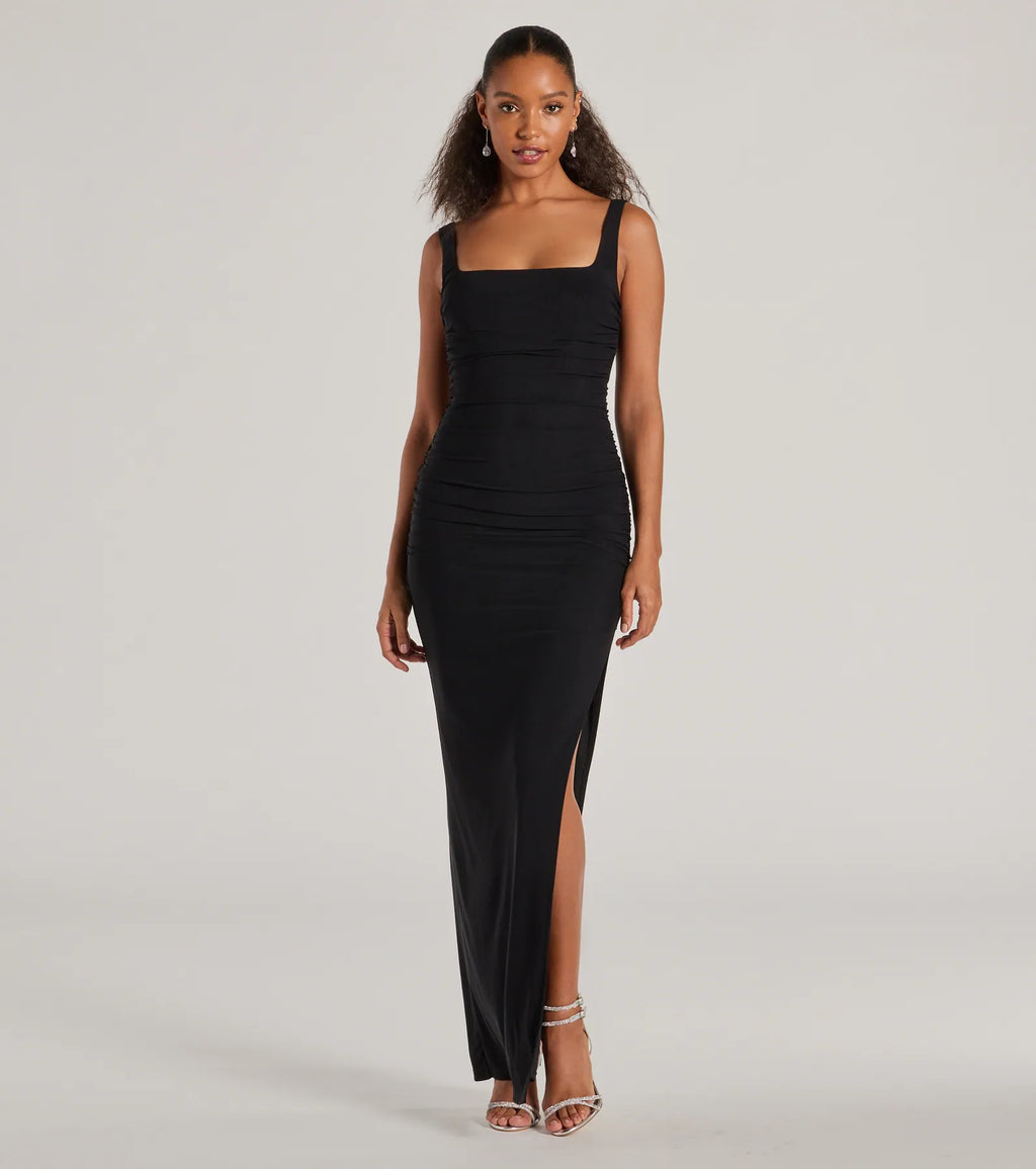 Layne square-neck fine-knit formal dress Black Sage