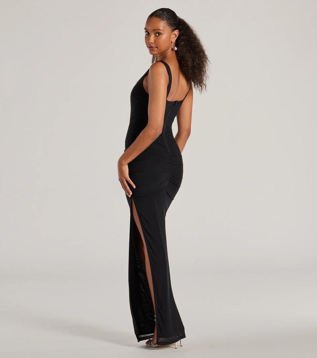 Layne square-neck fine-knit formal dress Black Sage