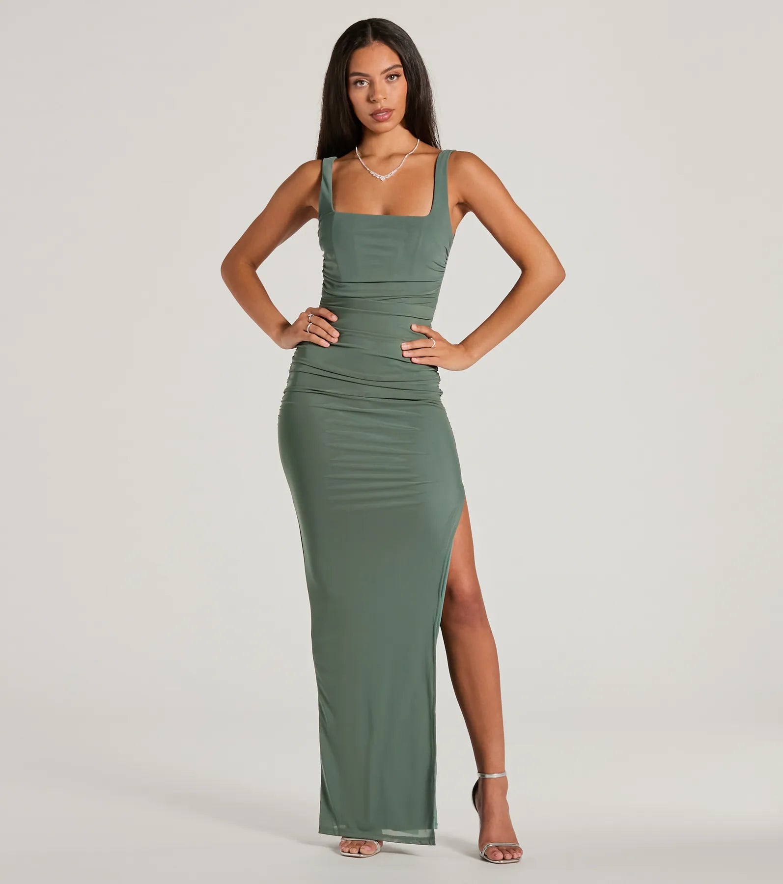 Sophisticated Knit Square Neck Back Zipper Mesh Ruched Slit Stretchy Sleeveless Bridesmaid Dress