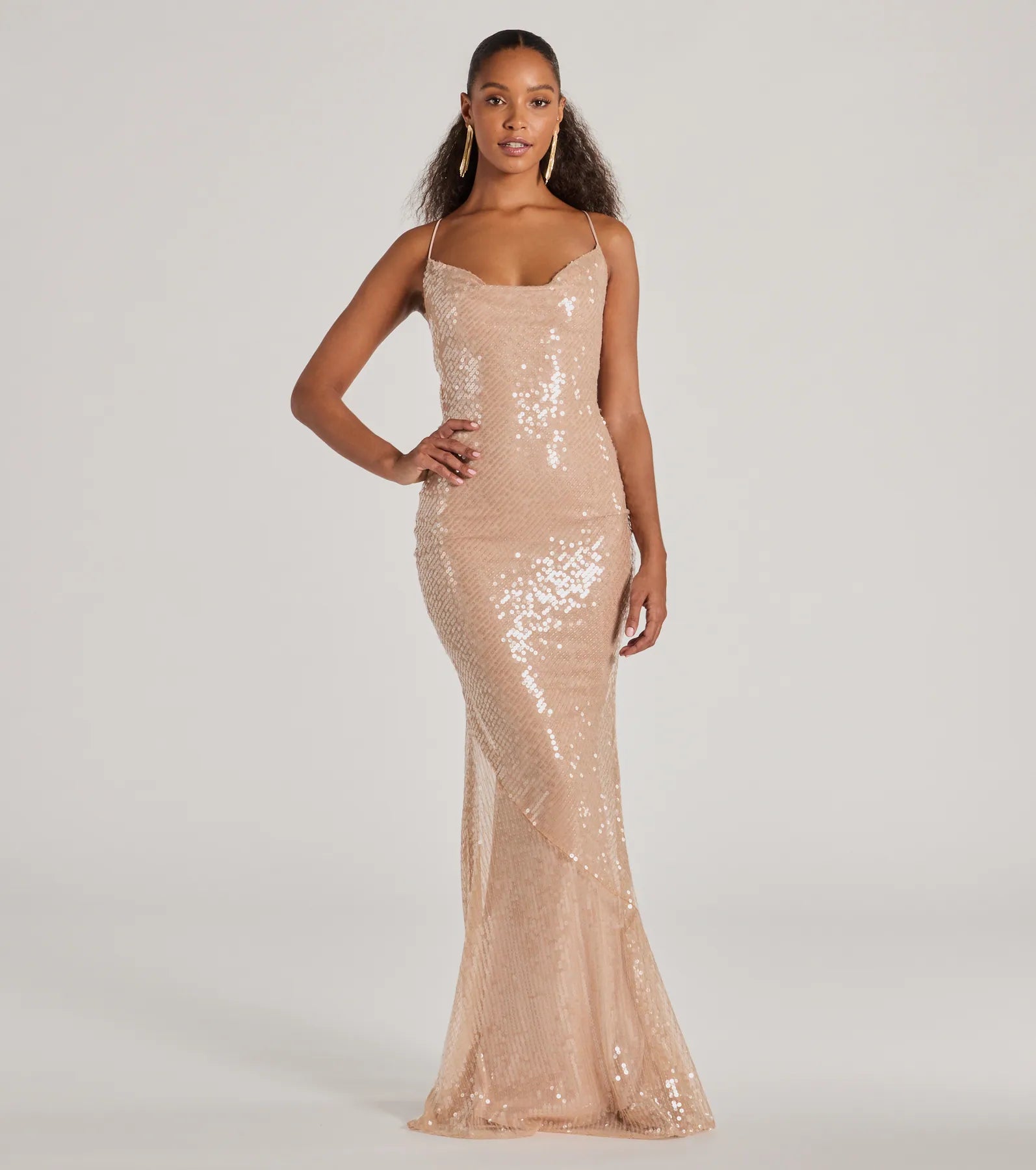 Mesh Lace-Up Sequined Cowl Neck Spaghetti Strap Mermaid Floor Length Dress With Ruffles