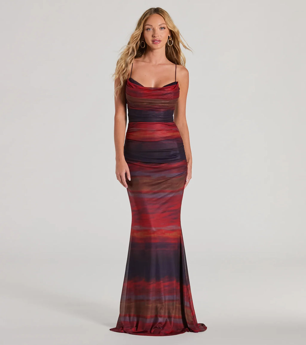 Liv Abstract Cowl Neck Mermaid Formal Dress Red