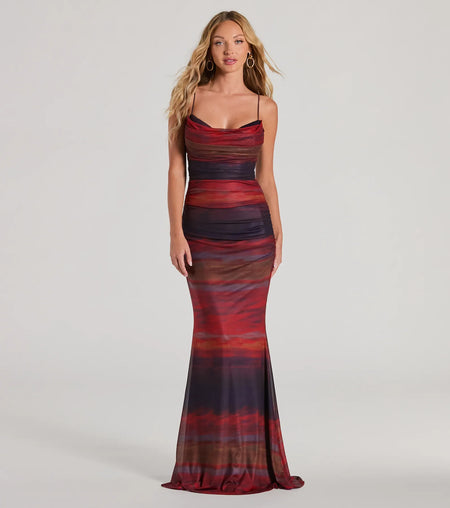 Liv Abstract Cowl Neck Mermaid Formal Dress Red