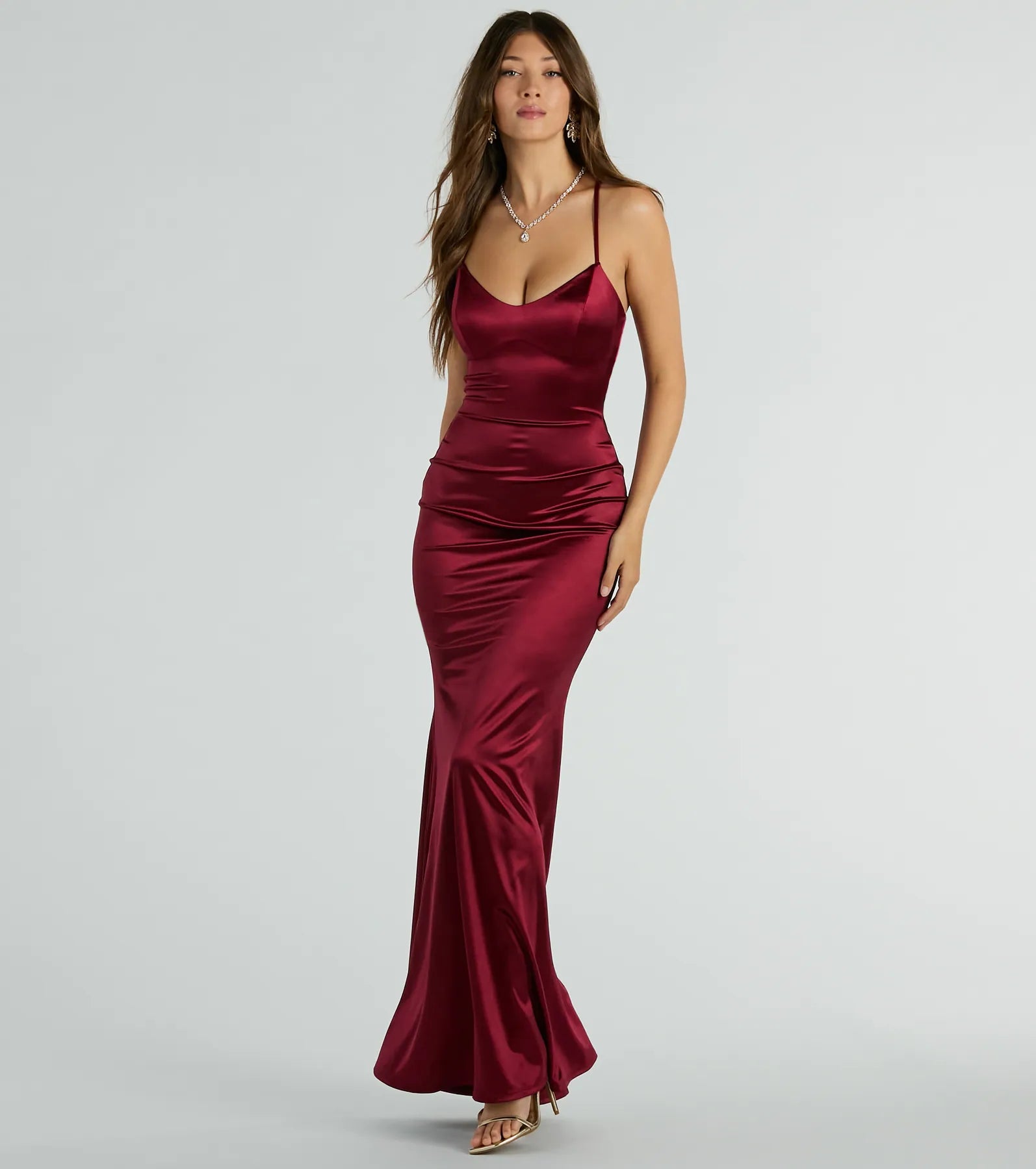 Sophisticated V-neck Mermaid Floor Length Spaghetti Strap Satin Lace-Up Dress