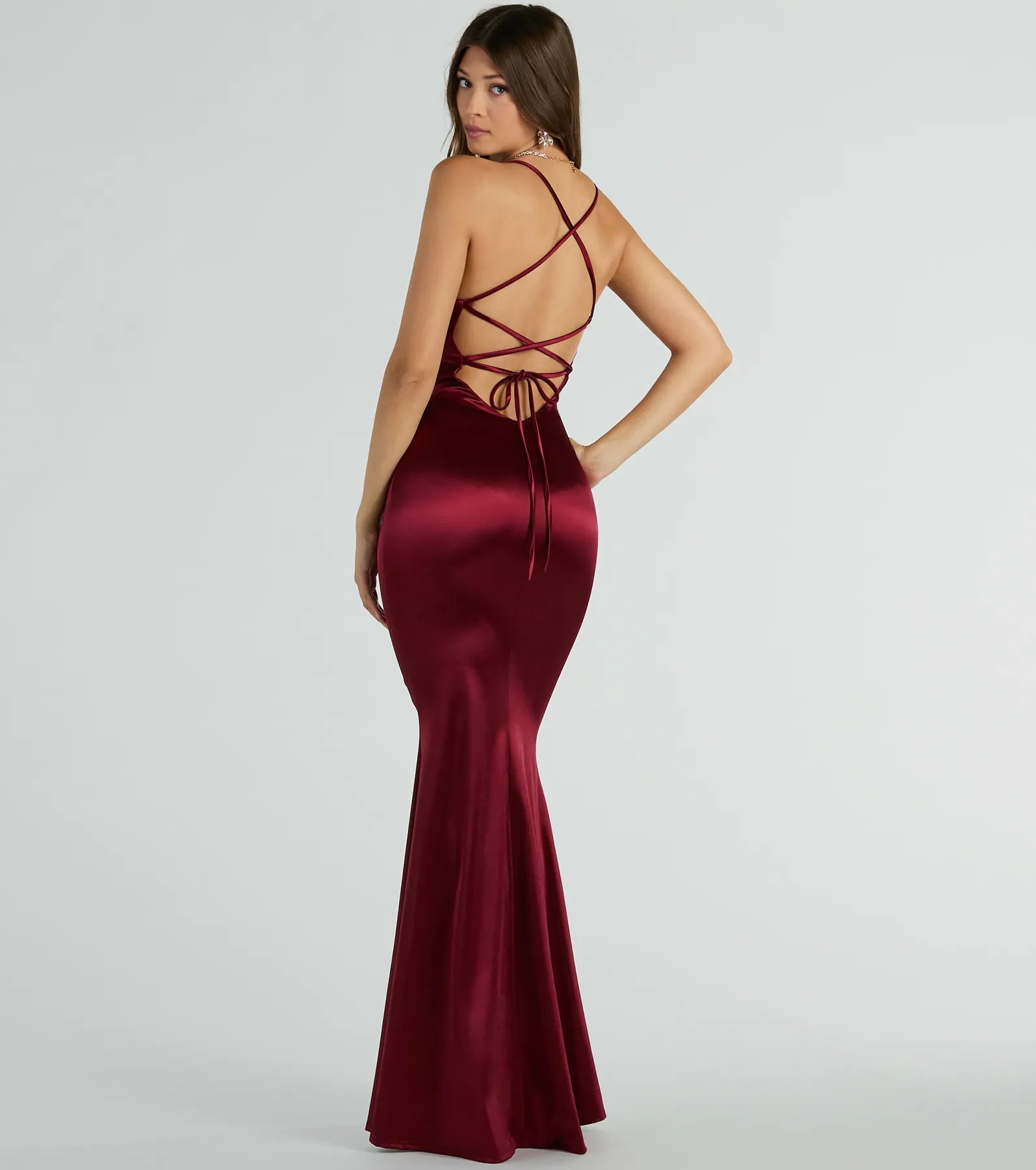 Emmie Lace-Up Mermaid Satin Formal Dress in Burgundy