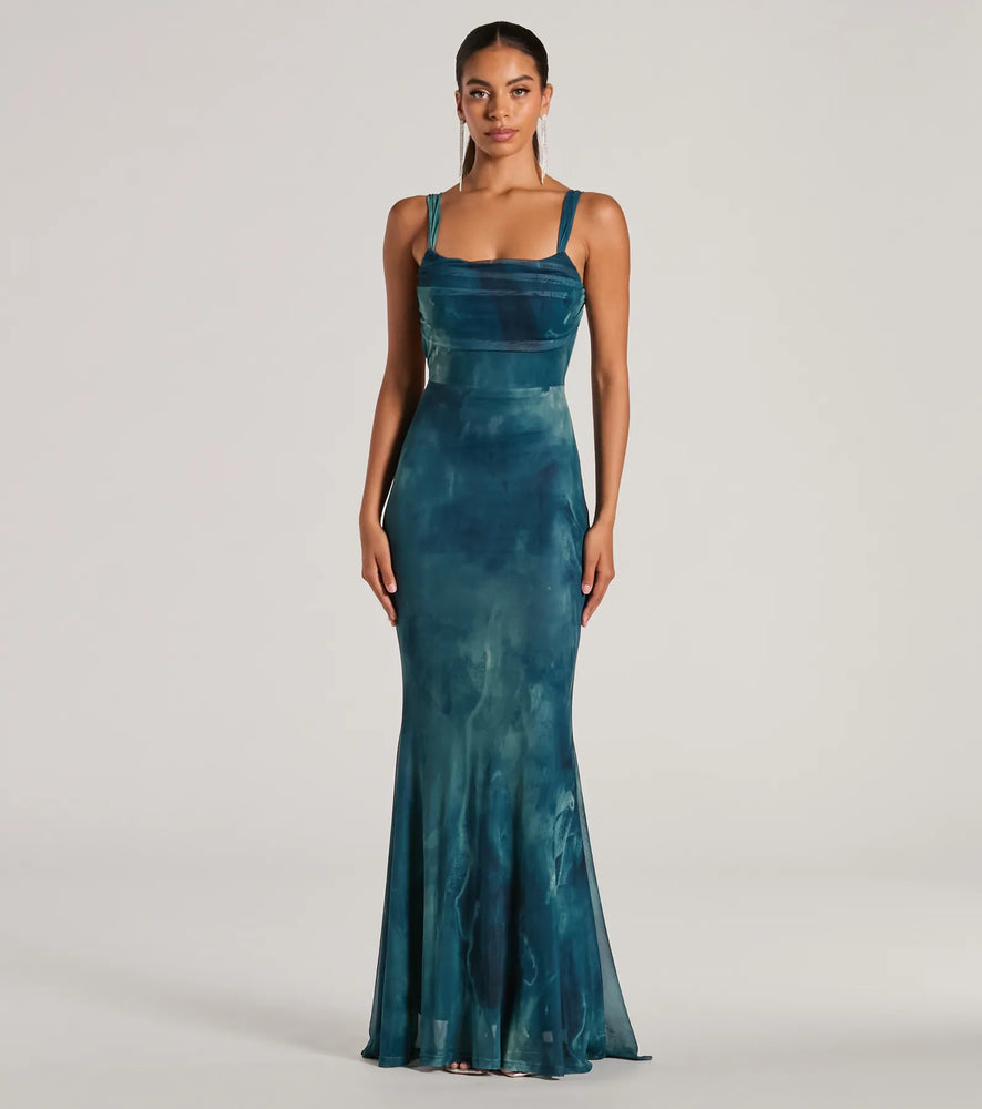 Estelle Lace-Up Abstract Mermaid Formal Dress in Teal