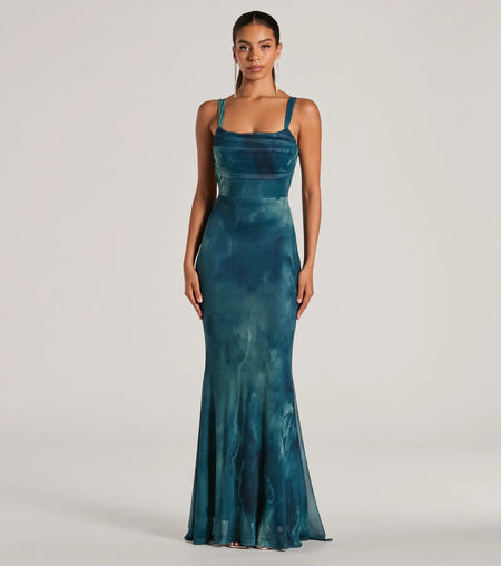 Estelle Lace-Up Abstract Mermaid Formal Dress Teal