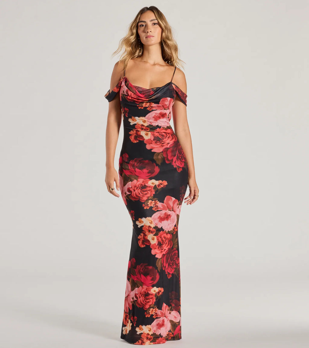 Francie Off The Shoulder Slim Floral Formal Dress Black