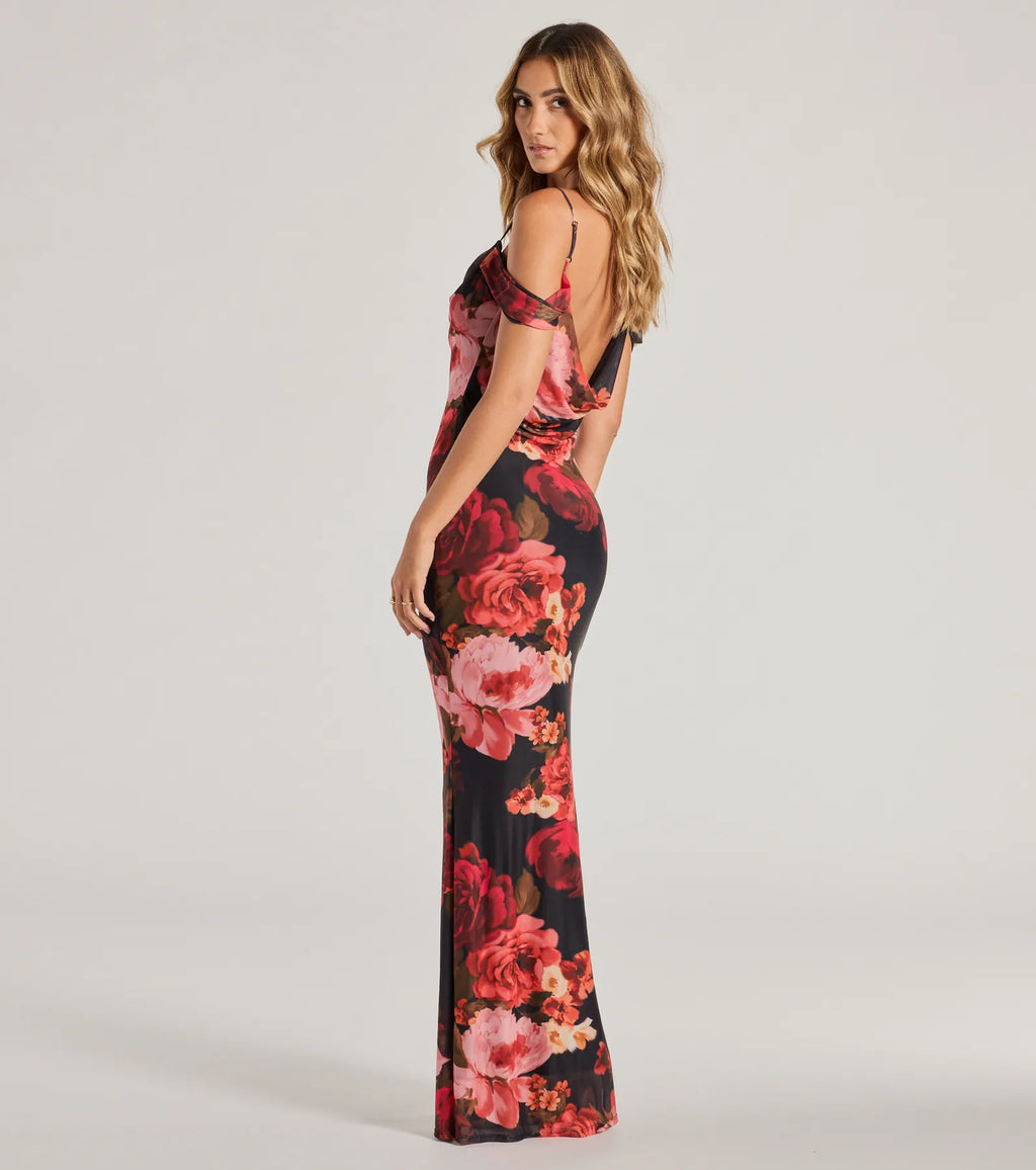 Francie Off The Shoulder Slim Floral Formal Dress Black