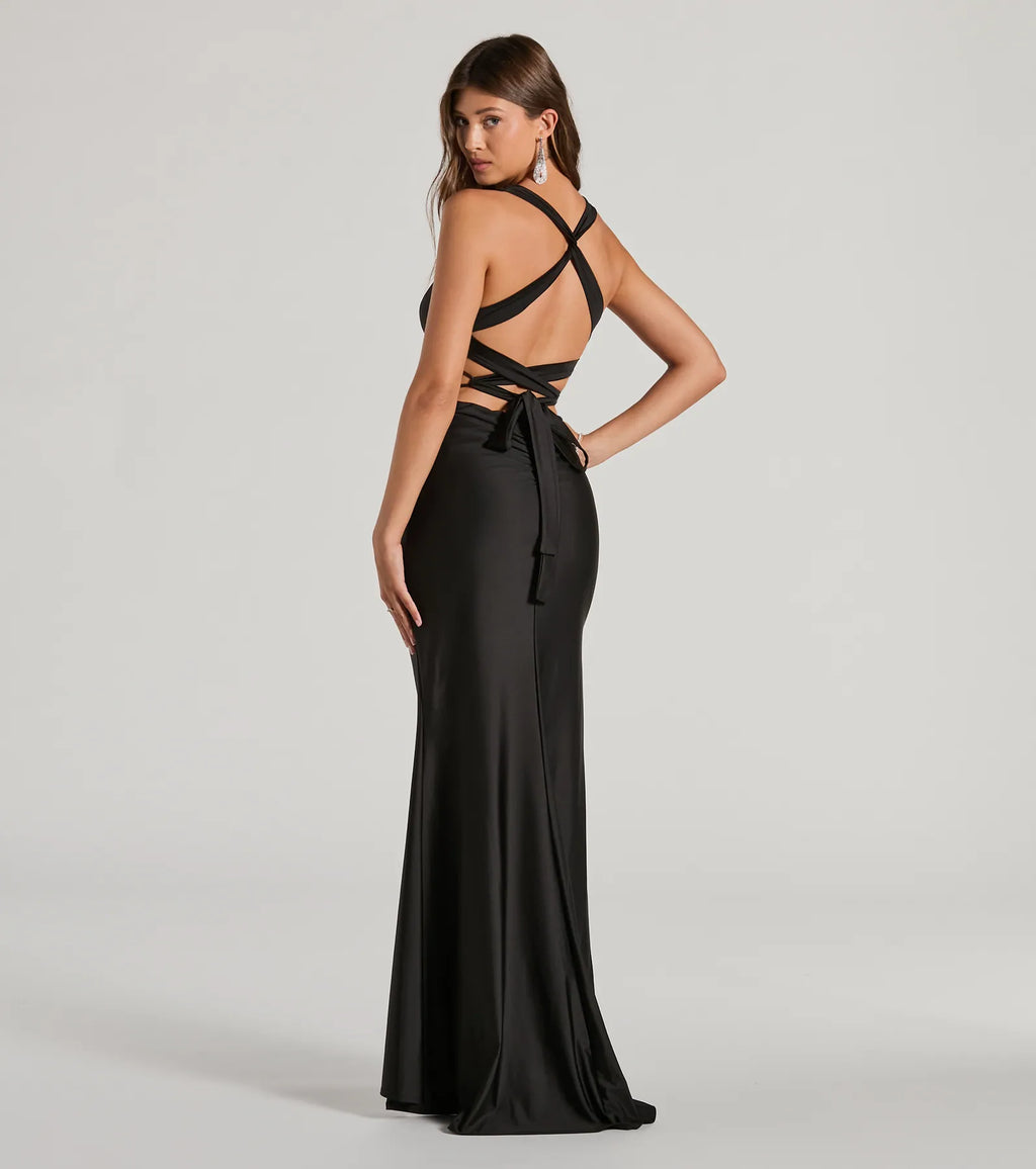 Jianne Lace-Up Back Formal Maxi Dress Royal Neon Pink Black Yellow