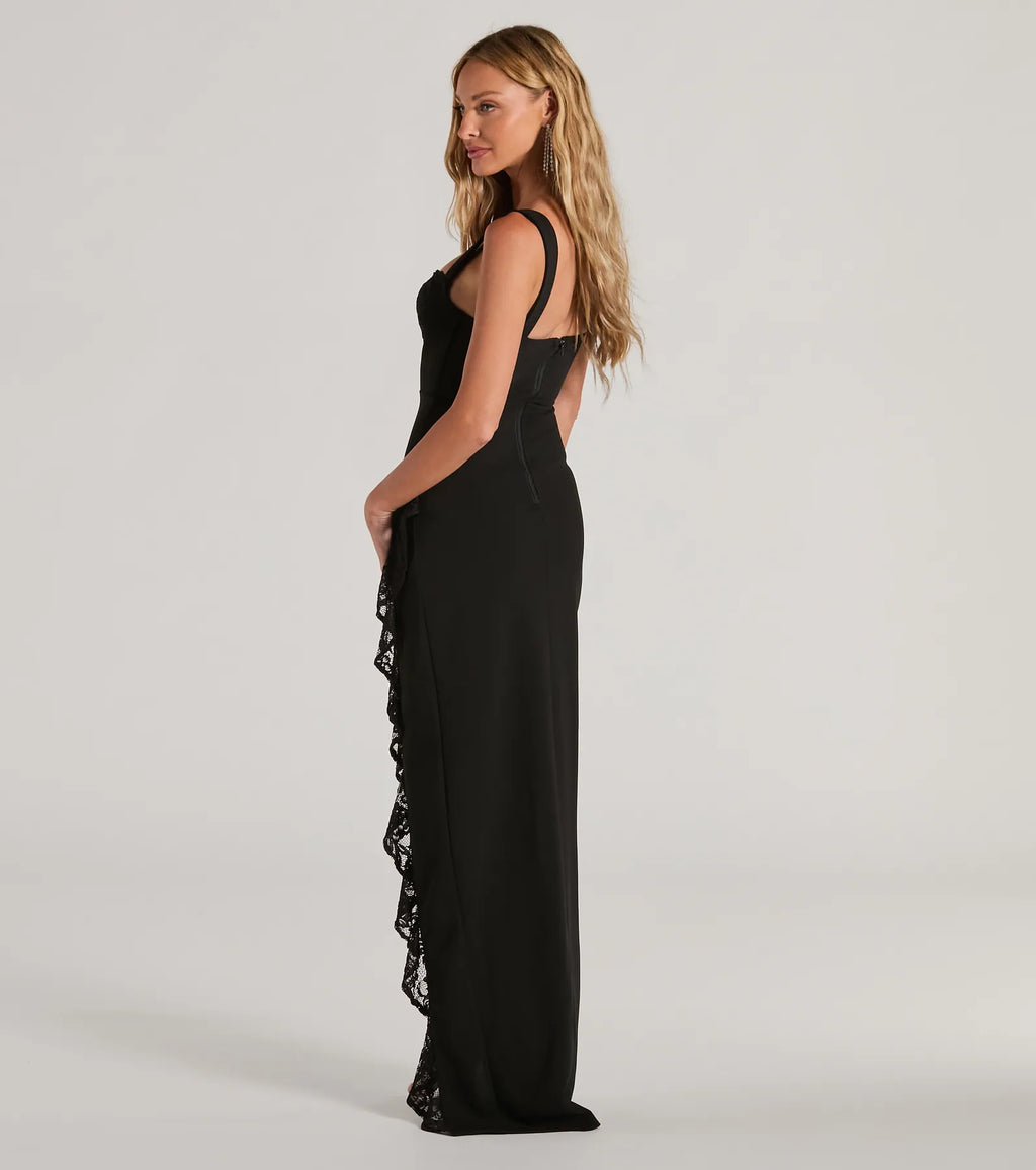 Megan Sweetheart Lace Ruffled Crepe Slim Formal Dress Black