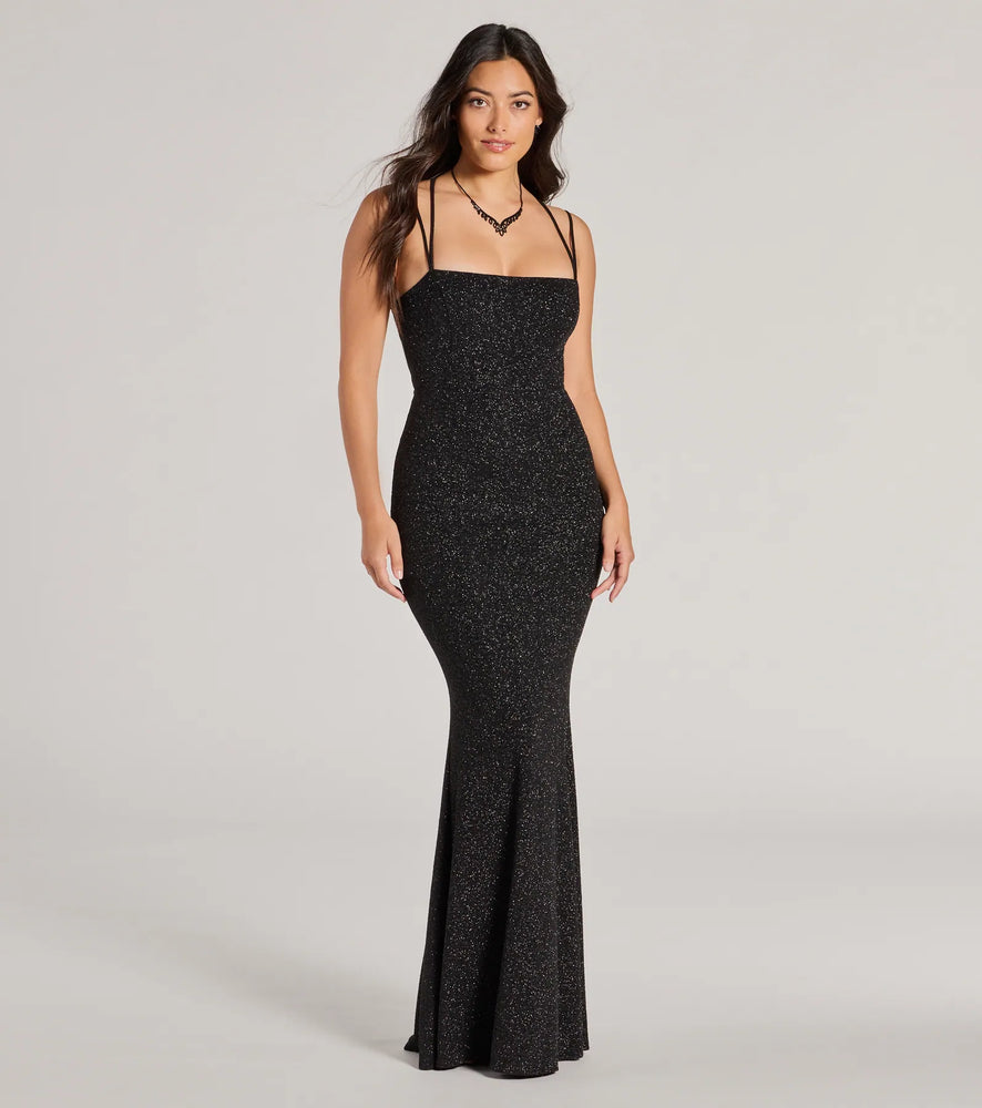 Jade Lace-Up Mermaid Glitter Formal Dress in Black