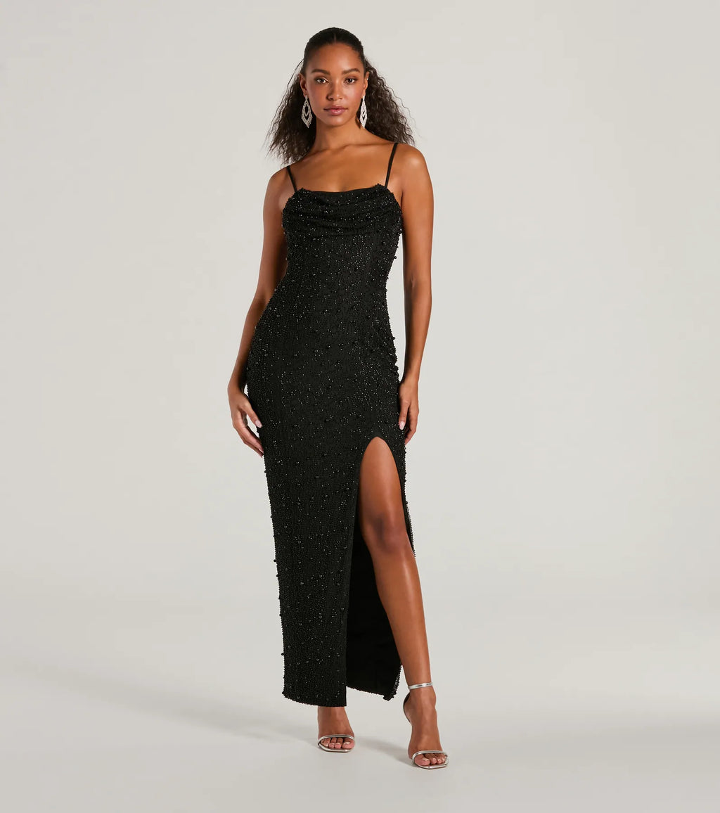 Klara Slim Formal Dress with Cowl Neck and Faux Pearls Light Blue White Black Red Navy