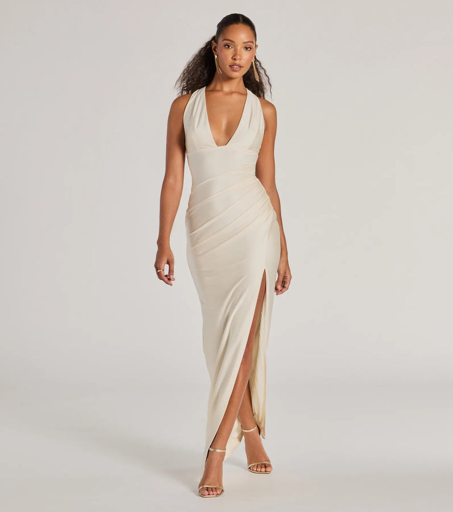 Jenn V-Neck Strappy Back Slit Long Formal Dress in Ivory