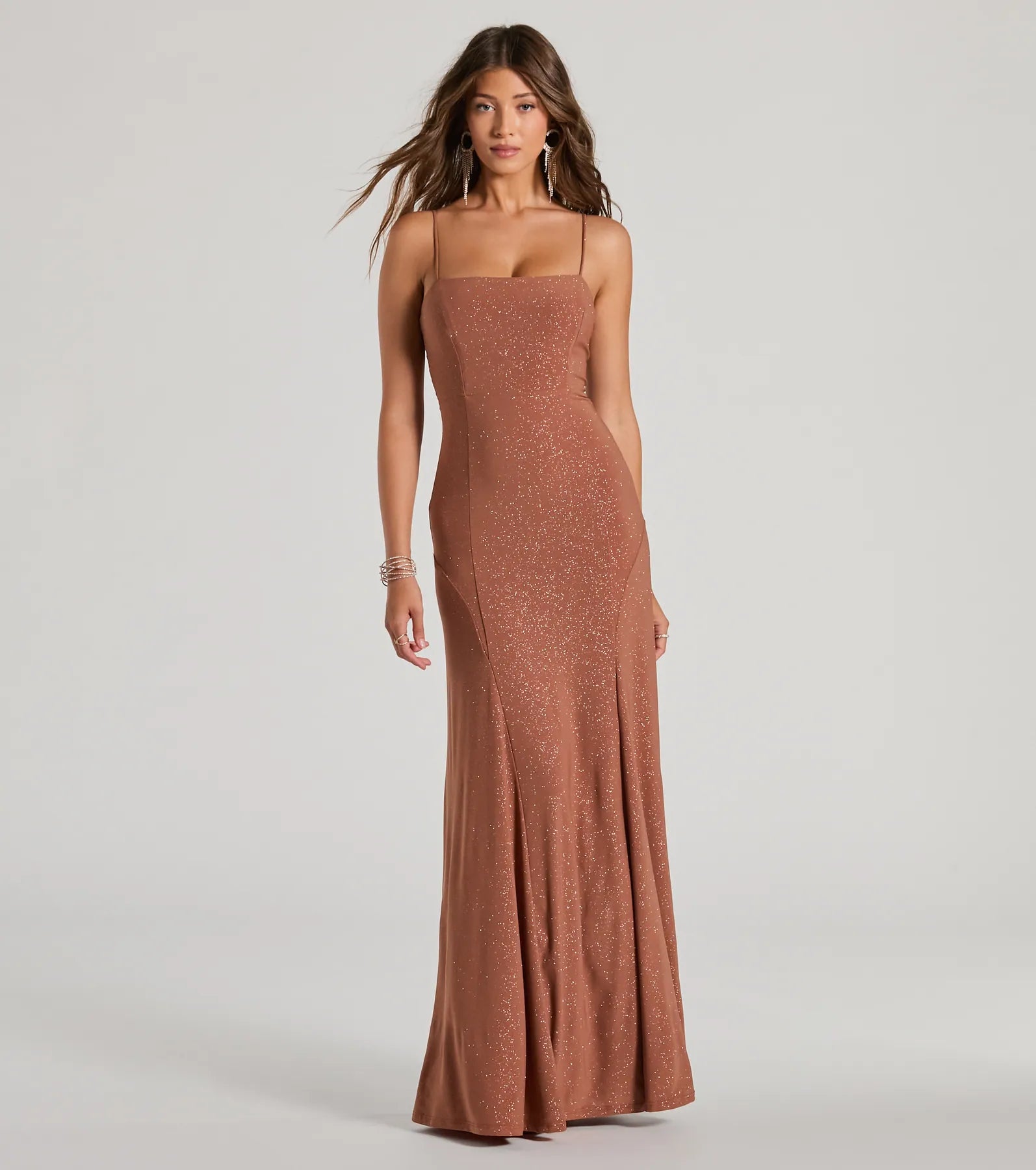 A-line Square Neck Sleeveless Spaghetti Strap Knit Stretchy Glittering Floor Length Party Dress