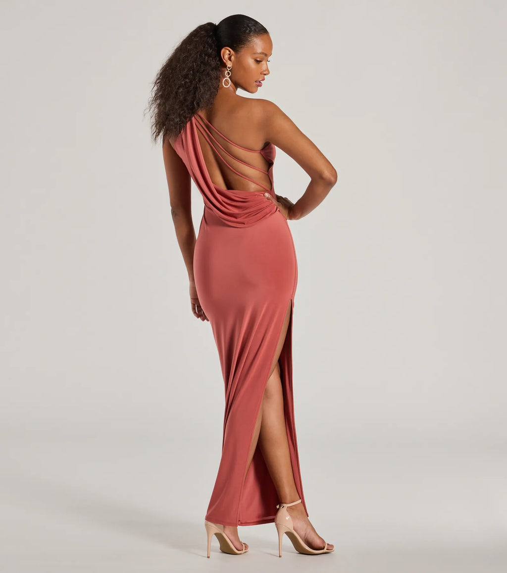 Lilianne asymmetrical formal dress with straps and back slit Black Rust