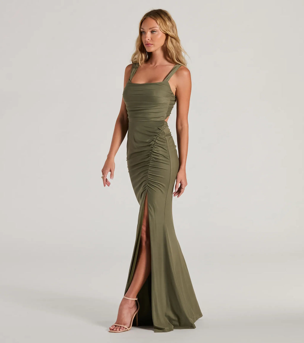 Ashlynn Ruched Open Back Mermaid Formal Dress Olive Mauve Yellow