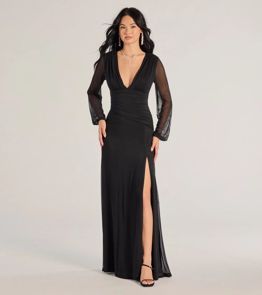 Windsor Rayne Mesh Long Sleeve A-Line Formal Dress in Black