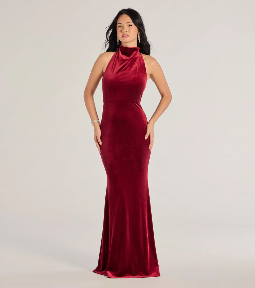 Nara Long Velvet Halter Mermaid Dress in Wine