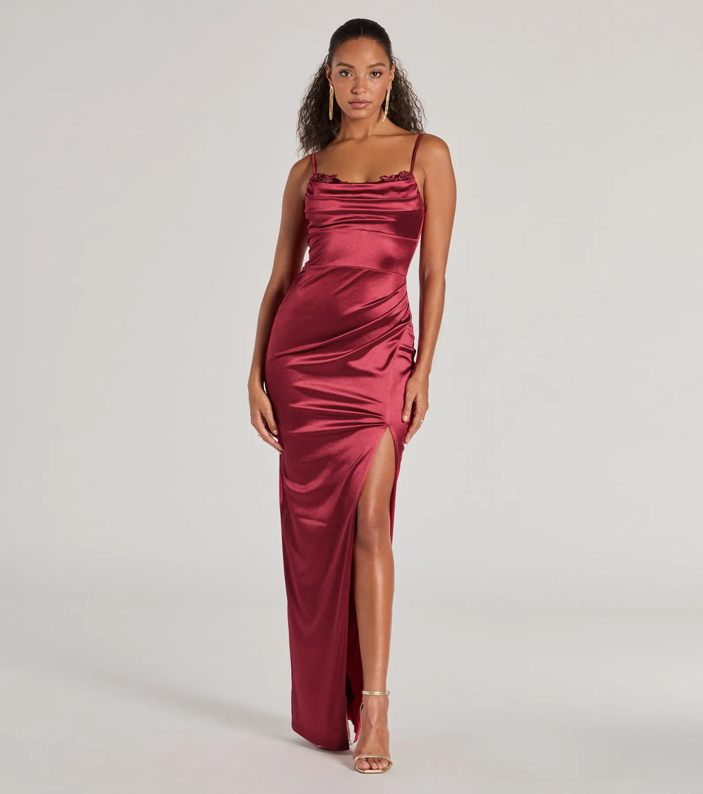 Amelia Satin Embroidered Formal Dress Gold Sage Navy Wine