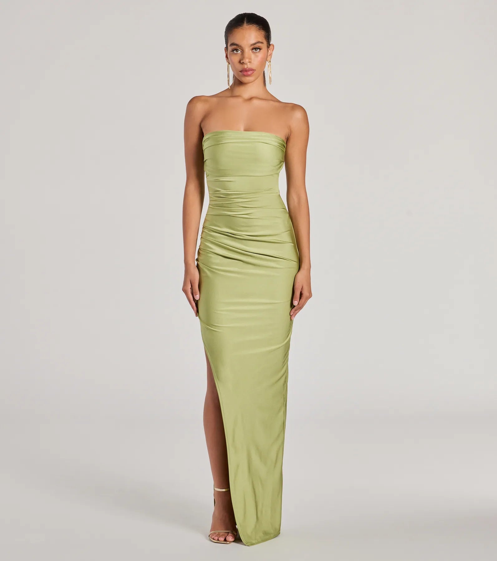 Sophisticated Strapless Floor Length Short Pleated Slit Stretchy Knit Homecoming Dress/Bridesmaid Dress