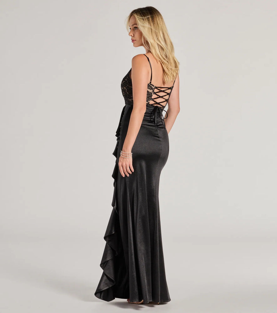 Anna Lace-Up Lace Satin Mermaid Formal Dress in Black