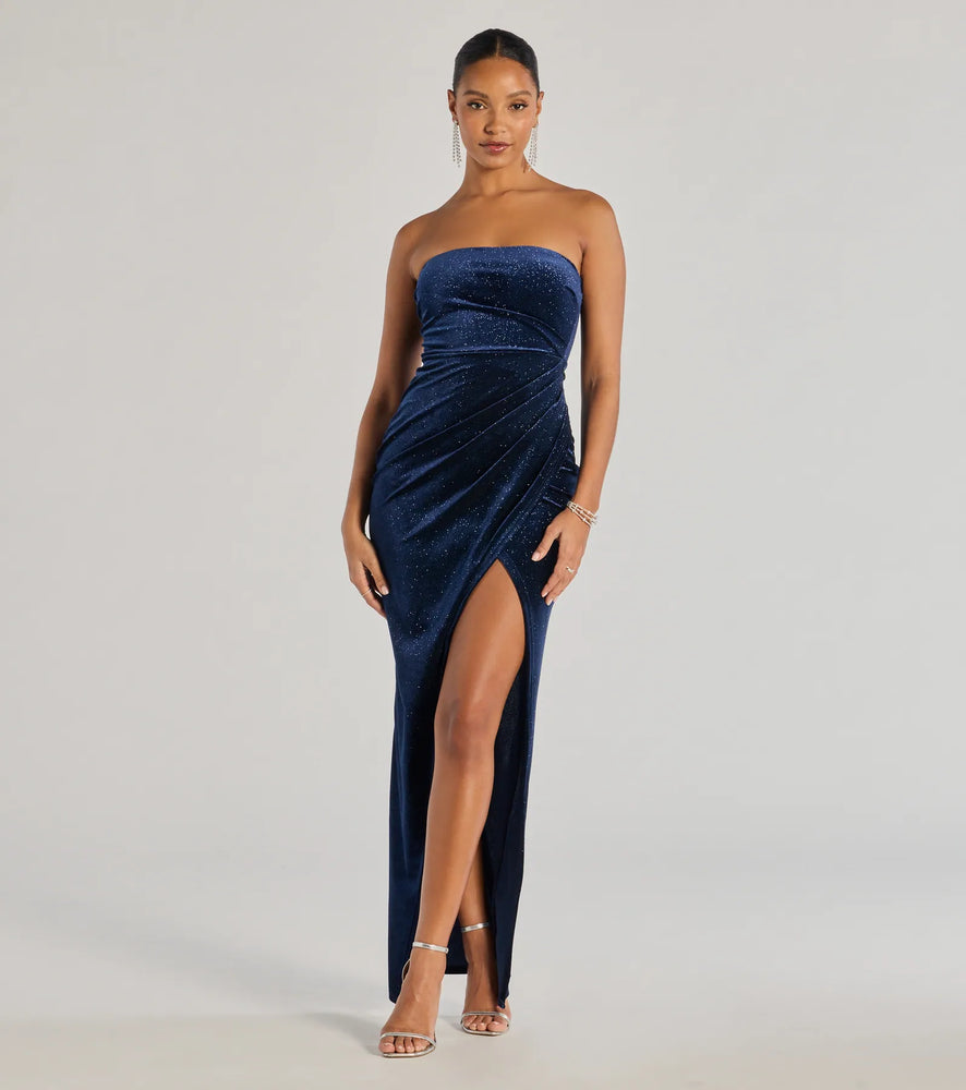 Cordelia Velvet Glitter Long Wrap Dress in Navy Blue