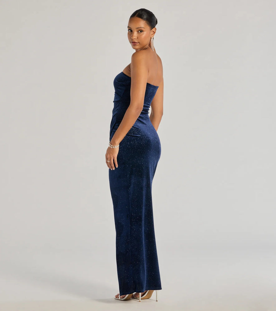 Cordelia Velvet Glitter Long Wrap Dress in Navy Blue
