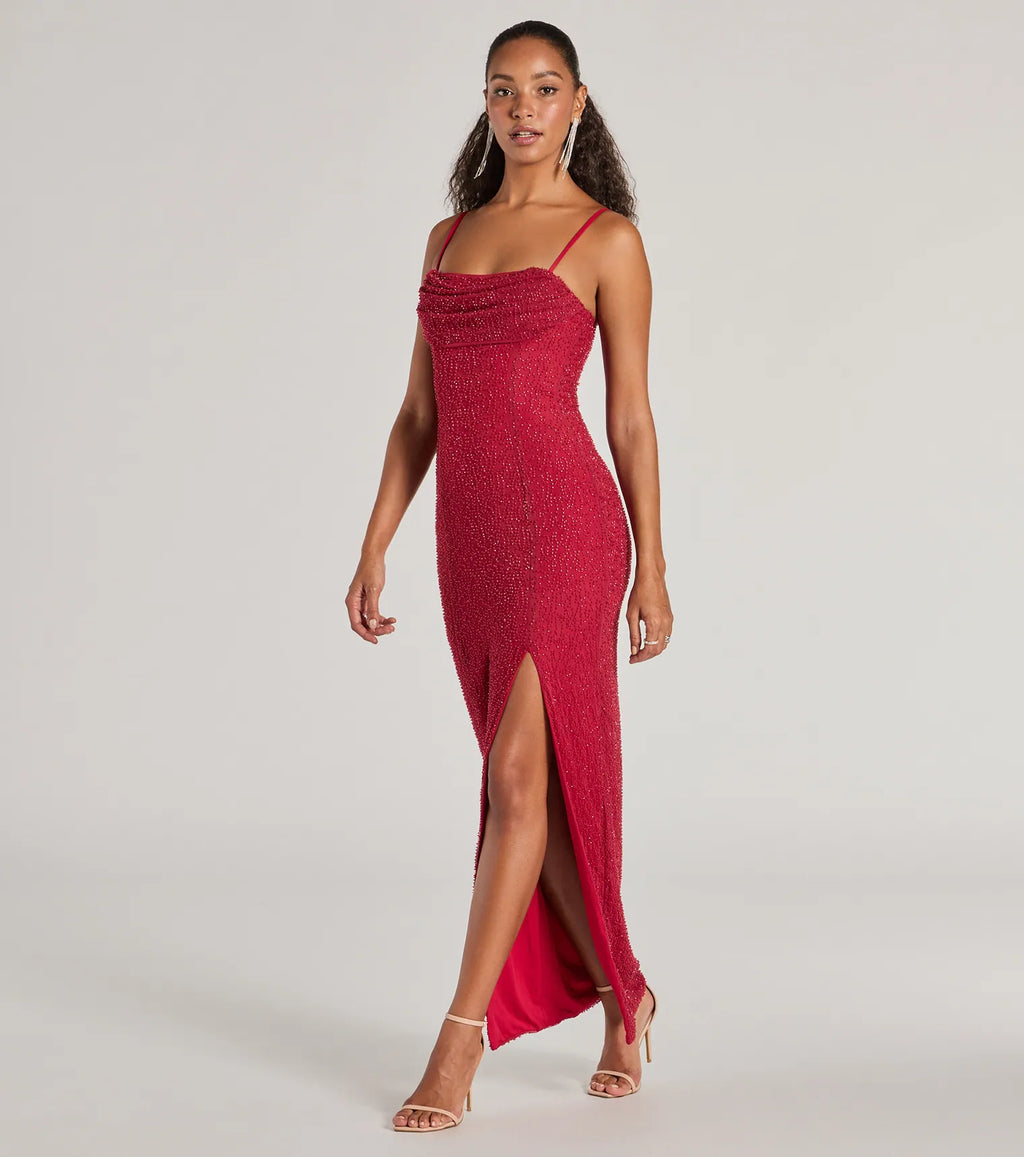 Klara Slim Formal Dress with Cowl Neck and Faux Pearls Light Blue White Black Red Navy