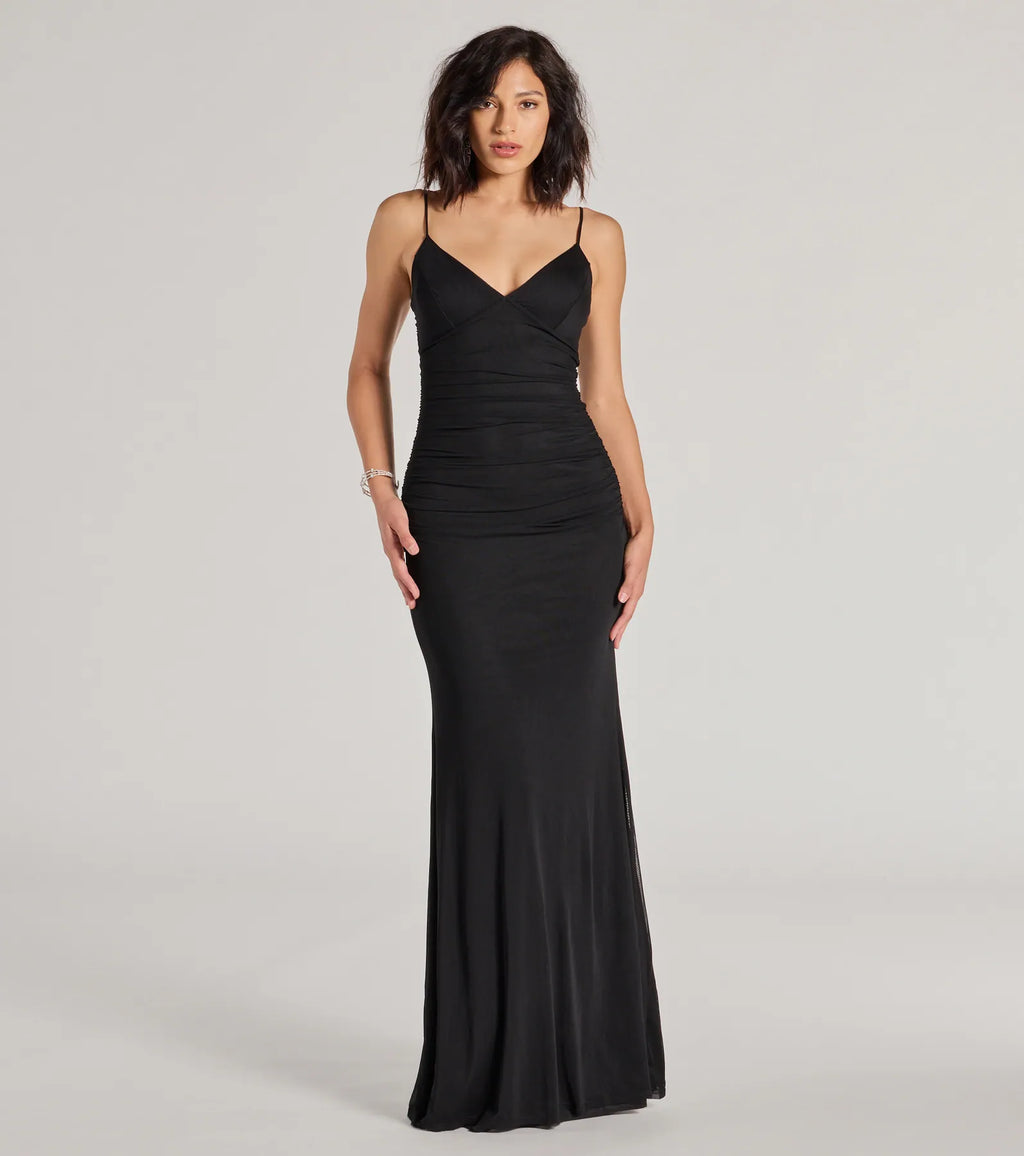 Kay Sleeveless V-Neck Mermaid Mesh Formal Dress Burgundy Black