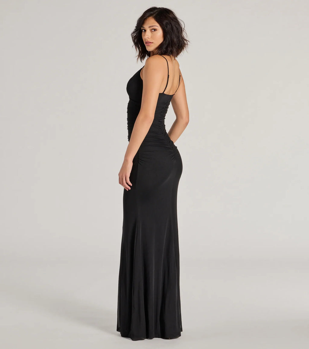 Kay Sleeveless V-Neck Mermaid Mesh Formal Dress Burgundy Black