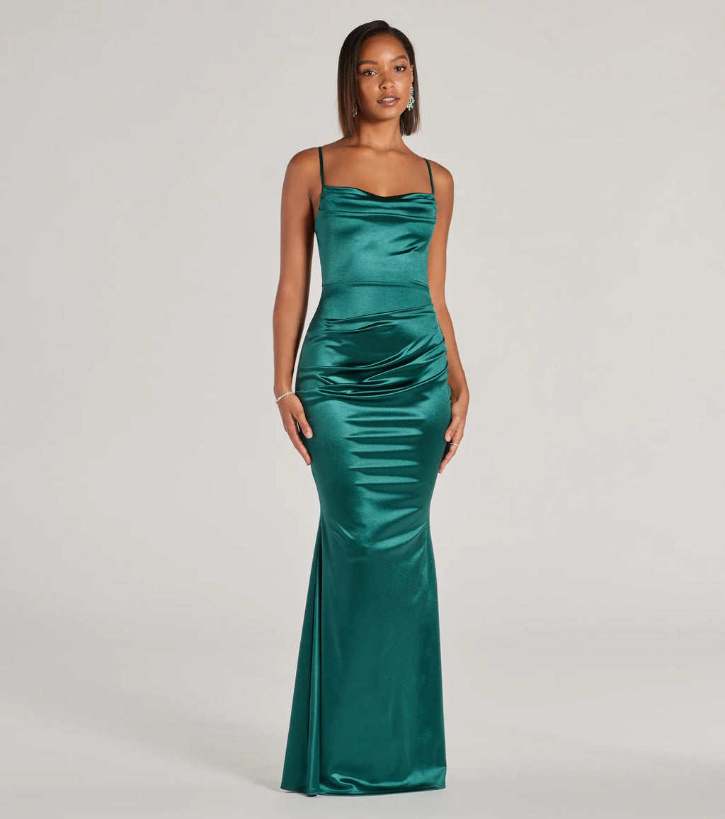 Courteney Cowl Neck Satin Mermaid Formal Dress Rose Gold Denim Hunter